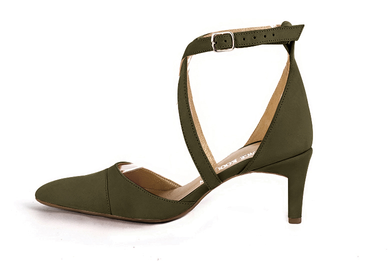 Khaki green women's open side shoes, with crossed straps. Tapered toe. Medium comma heels. Profile view - Florence KOOIJMAN